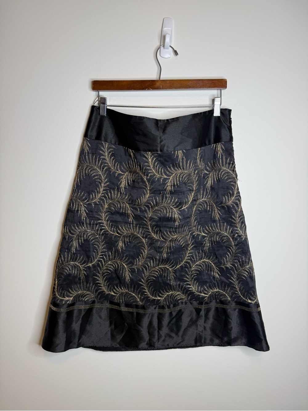 Nygard Black A-Line Skirt with Gold Fan Embroidery linen silk blend size 10